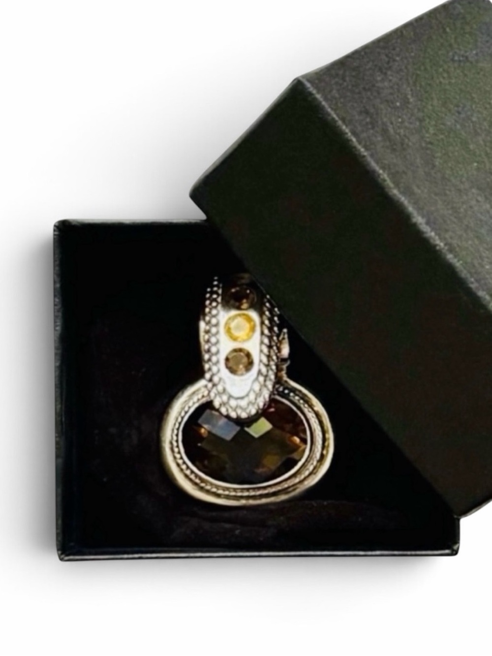 Signed N 925 Sterling Silver Smoky Quartz Citrine Statement Pendant Box Pouch